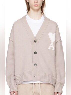 AMI Paris Beige Heart A Luxe Cotton Cardigan Sweater, L
